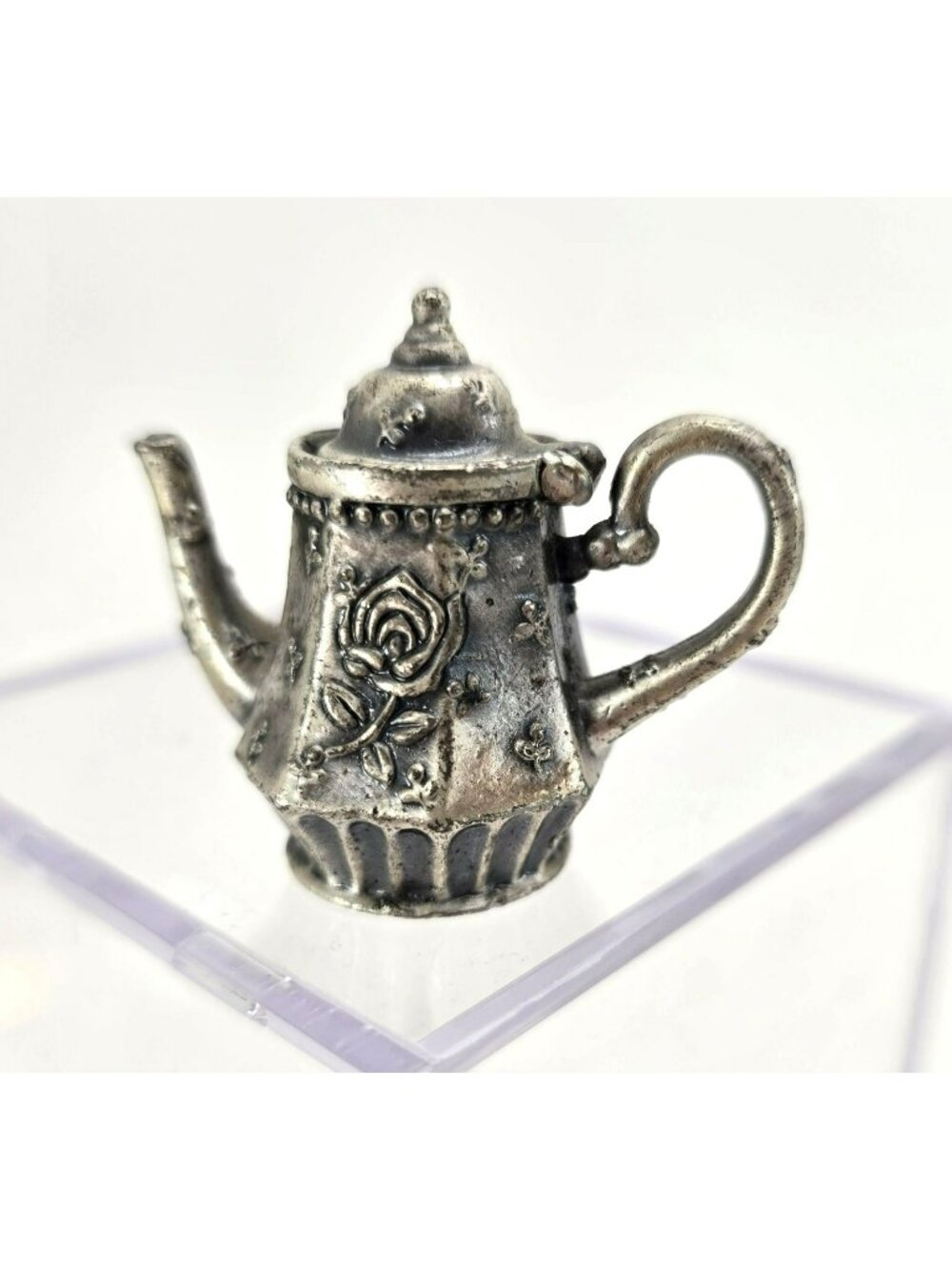 Vintage Pewter Silver Miniature Teapot Figurine With Rose Design Operable je197